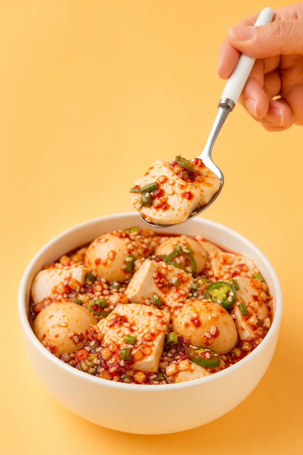 Spicy marinated silken tofu and eggs side dish