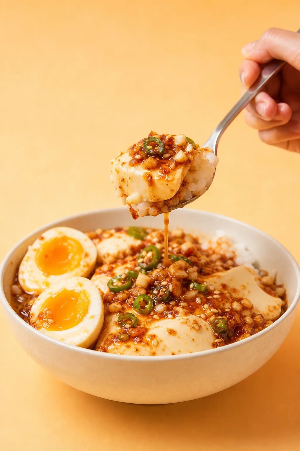 Spicy marinated silken tofu and eggs